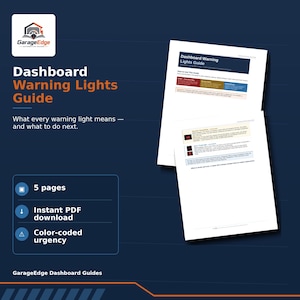 Puede incluir: Una guía digital titulada "Guía de luces de advertencia del salpicadero" con el logotipo de GarageEdge. La guía explica qué significa cada luz de advertencia y qué hacer a continuación. Es una descarga instantánea en PDF de 5 páginas con urgencia codificada por colores.