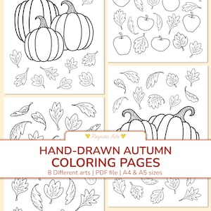 Pode incluir: Uma coleção de páginas para colorir em preto e branco com abóboras, maçãs e várias folhas de outono. O texto diz Reynita Arts, HAND-DRAWN AUTUMN COLORING PAGES, 8 Different arts | PDF file | A4 & A5 sizes.
