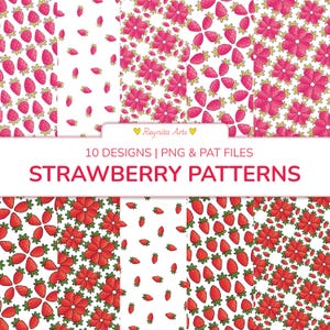 Pode incluir: Uma coleção digital de 10 padrões de morango com vários arranjos de morangos vermelhos com folhas verdes sobre um fundo branco. O texto diz Reynita Arts, 10 DESIGNS | PNG & PAT FILES e STRAWBERRY PATTERNS.
