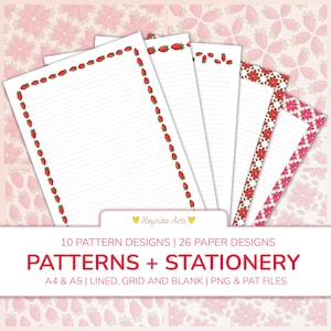 Pode incluir: Uma coleção de papéis de carta digitais com vários padrões de bordas de morangos e flores. O texto diz: Reynita Arts, 10 PATTERN DESIGNS | 26 PAPER DESIGNS, PATTERNS + STATIONERY, A4 & A5 | LINED, GRID AND BLANK | PNG & PAT FILES.