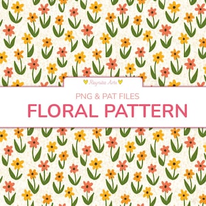 Pode incluir: Um padrão floral digital com flores laranja e amarelas repetidas com caules verdes sobre um fundo texturizado cor de creme. Uma faixa branca central exibe o texto Reynita Arts, PNG & PAT FILES e FLORAL PATTERN.