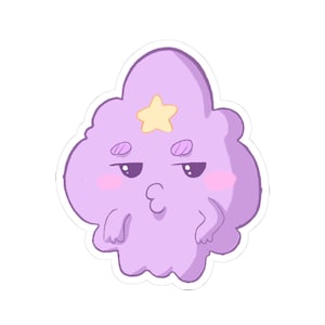 May include: A sticker featuring a cartoon character resembling a cloud. The character is primarily lavender with a yellow star on its head, pink cheeks, and a pouty expression. The sticker has a white border.