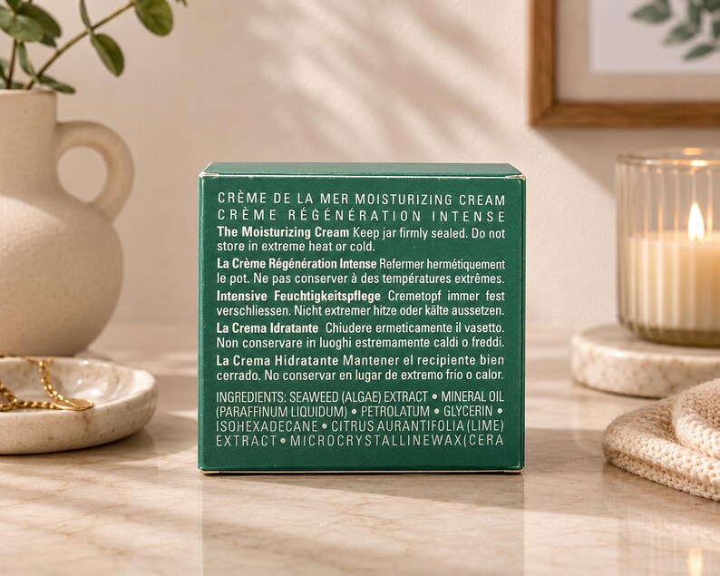 La Mer Crème de La Mer miniature cream box photographed on a marble surface with decorative vase, books, and candle in a modern home setting.