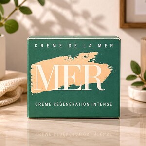 Front view of La Mer Crème Régénération Intense mini skincare box displayed on a marble tabletop with luxury home décor accents.