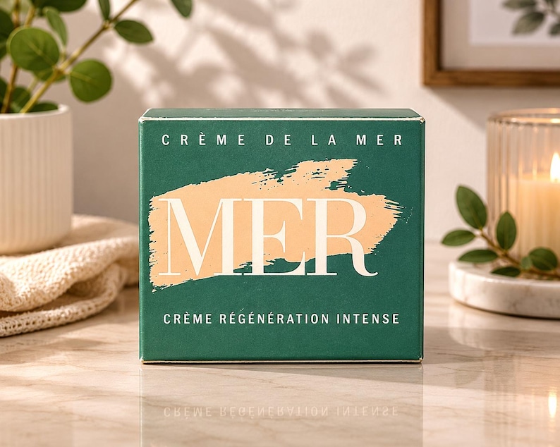 Front view of La Mer Crème Régénération Intense mini skincare box displayed on a marble tabletop with luxury home décor accents.