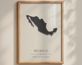 Mexico Map Poster, Drop Shadow Silhouette Wall Art, Minimalist Country Print