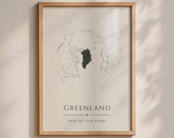 Greenland Map Poster, Arctic Sphere Projection, Minimalist Travel Wall Art Print