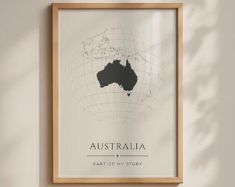 Australia Globe Sphere Map Poster, Minimalist Wall Art, Black Cream Travel Print
