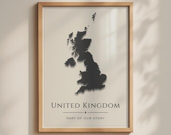United Kingdom Map Poster, Drop Shadow Silhouette, Minimalist UK Wall Art Print