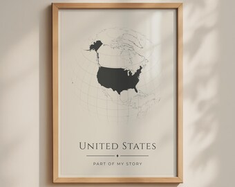 United States Globe Map Poster, USA Wall Art, Minimalist America Print, Cream and Black