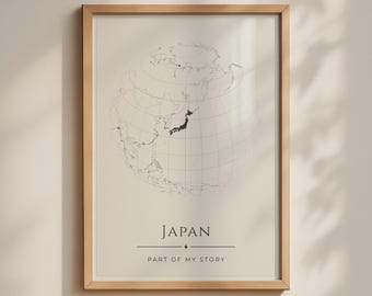 Japan Globe Map Poster, Minimalist World Sphere Print, Japanese Wall Art, Cream Black