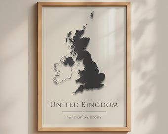 United Kingdom Map Poster, Drop Shadow Silhouette, Minimalist UK Wall Art Print