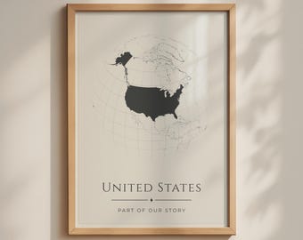 Minimalist USA Globe Map Print, Black Charcoal Silhouette, Cream Background (Wall Art)