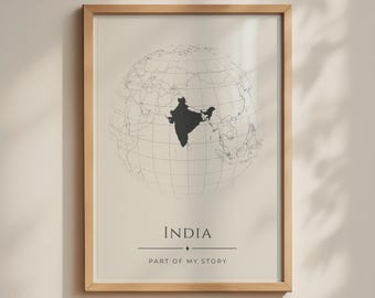 India Map Poster, Globe Wall Art Print, Minimalist Indian Heritage Gift, Cream Black Decor