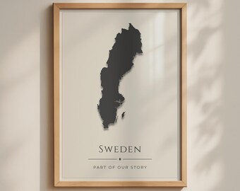 Sweden Map Poster, Drop Shadow Silhouette, Minimalist Scandinavian Wall Art Print