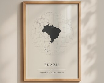 Brazil Globe Map Poster, South America Wall Art, Minimalist Travel Print, Cream and Black