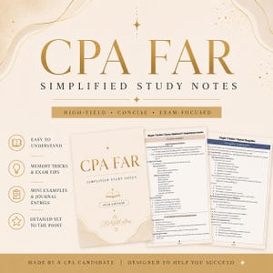 May include: CPA FAR Simplified Study Notes 2026 Edition by CPAWithAlex. The document features a beige cover with gold text, alongside two open pages displaying accounting concepts like income statements and revenue recognition in black text.