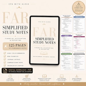 May include: A digital study guide titled CPA With Aless FAR Simplified Study Notes for Financial Accounting and Reporting. The document contains 125 pages of condensed notes, high-yield summaries, mini examples, and journal entries in PDF format.