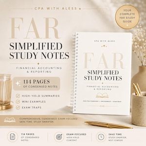 May include: A spiral-bound study guide titled FAR Simplified Study Notes for Financial Accounting & Reporting. The white cover features gold text, a book icon, and 114 pages of condensed notes. It includes high-yield summaries, mini examples, and exam traps, with a gold pen placed on the surface nearby.