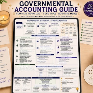Może przedstawiać: Cyfrowy przewodnik po rachunkowości rządowej wyświetlany na tablecie z tekstem "Governmental Accounting Guide". Obraz zawiera notatnik, długopisy, świecę i filiżankę kawy. Dodatkowy tekst to "Perfect for Exams" i "Study Smarter, Not Harder!"