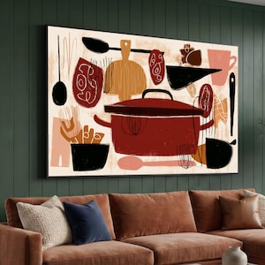 Retro canvas med köksredskap, väggkonst med köksredskap, modern kulinarisk inredning, illustration med röd gryta, canvaskonst för hemkök