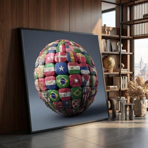 Può includere: Stampa incorniciata raffigurante una scultura sferica composta da blocchi adornati da bandiere. Le bandiere di vari paesi sono rappresentate, mostrando un tema globale colorato e diversificato. L'opera d'arte è esposta in un interno moderno.
