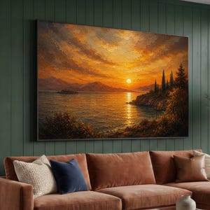 Canvasprint van een gouden zonsondergang bij een meer, wanddecoratie met een kustlandschap (klaar om op te hangen)