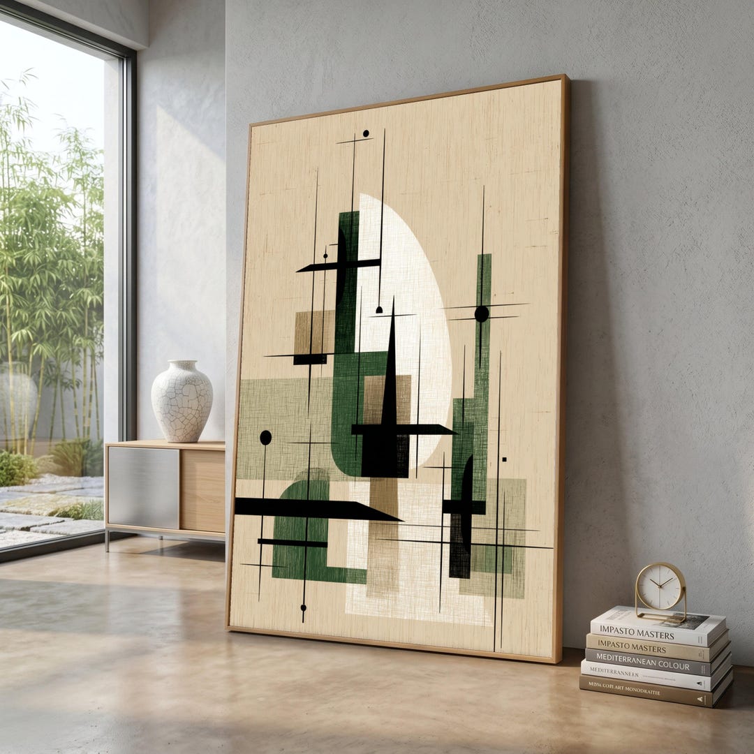 Mid Century Modern Abstract Geometric Canvas, Green and Beige Wall Art ...