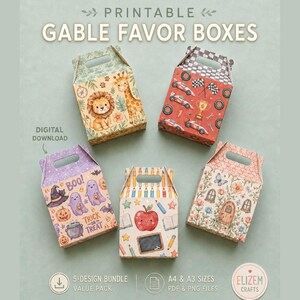 Printable Gable Favor Boxes, 5-Design Bundle, Safari, Racing, Fairy, School, Halloween (Digital Download)