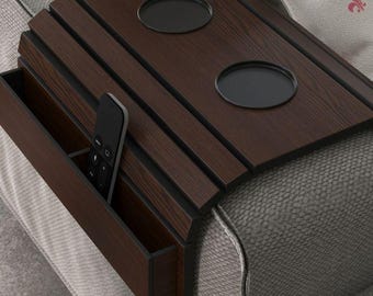 Foldable Wooden Sofa Arm Tray | Couch Arm Table with Dual Cup Holders & Remote Storage | Space Saving Armrest Organizer | Housewarming Gift