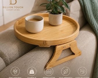 Bamboo Sofa Arm Tray Table | Foldable Couch Cup Holder, Drinks, Snacks, Remote, Decor