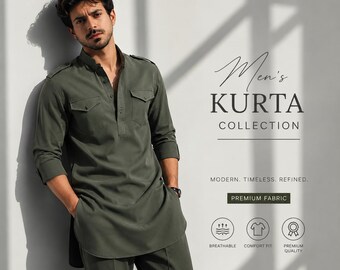 Army Green Mens Kurta Palazzo Set, Military Style Half Button Tunic, Wide Leg Pants, Casual Luxury Co-ord Set, Summer Mens Fashion