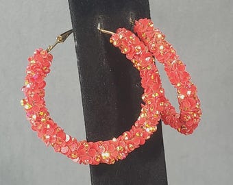Dangle Hoop Earrings Red Glitter Mid Century Retro Modernist Boho Pierced 2.25"