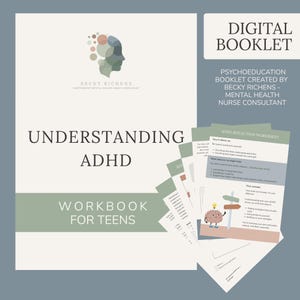 Könnte beinhalten: Ein digitales Psychoedukations-Heft mit dem Titel Understanding ADHD Workbook for Teens von Becky Richens. Das Cover zeigt eine Profilsilhouette aus Kreisen in gedeckten Farben. Mehrere Innenseiten sind sichtbar, darunter ein ADHS-Reflexionsarbeitsblatt mit einer Cartoon-Gehirnfigur und einer Wegweiser-Grafik.