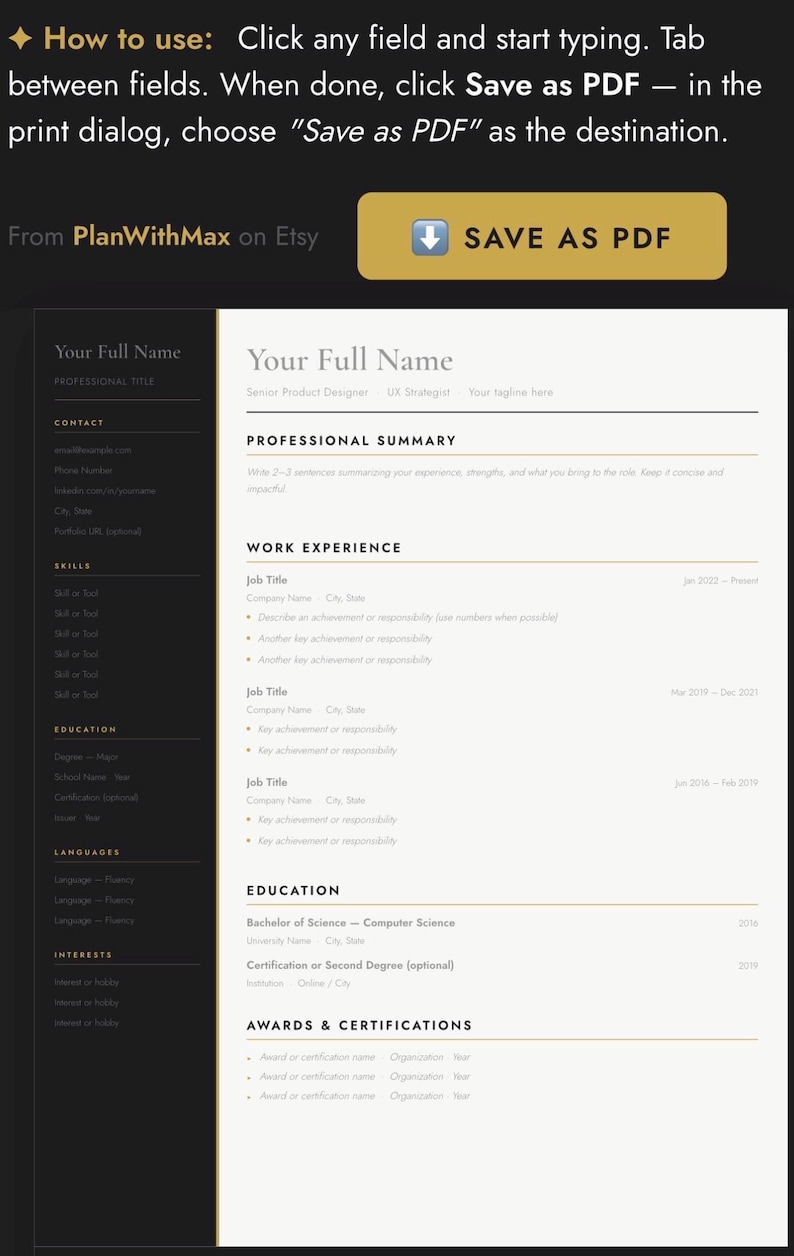 Resume Template Canva | ATS Friendly CV + Cover Letter | Editable ...