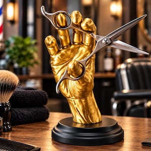 Op de afbeelding: Een goudkleurig beeld van een hand op een zwarte ronde voet, die een zilverkleurige metalen kappersschaar vasthoudt. De hand staat verticaal met de vingers licht gebogen om de vingerringen van de schaar vast te houden.