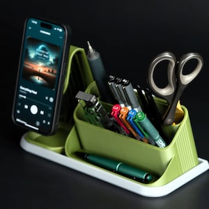 Organizador de Escritorio con Soporte para Móvil y Auriculares, Portalápices Modular Impreso en 3D, Accesorio de Oficina