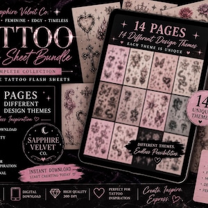 May include: A digital tattoo flash sheet bundle from Sapphire Velvet Co. featuring 14 pages with different design themes. The image includes a tablet displaying tattoo designs, with text indicating it's perfect for tattoo artists and collectors. The bundle is Y2K inspired, feminine, edgy, and timeless.