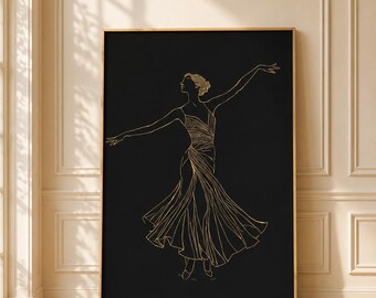 May include: A rectangular wall art piece featuring a gold line drawing of a dancer in a flowing dress on a solid black background. The artwork is encased in a thin gold frame, showcasing the elegant silhouette of the figure in motion.