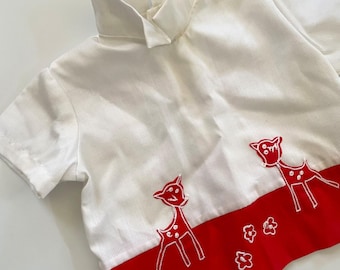 Vintage 60s Embroidered Deer White Red Top Retro Cottage Storybook Whimsical