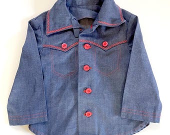 Vintage Kids Toddler Denim Shirt Western Red Stitching Retro 70s Americana