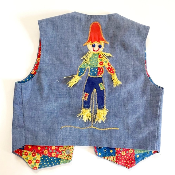 Denim Patchwork Scarecrow Vest Vintage 70s Sz 10 Kids Patchwork Quilted Boho