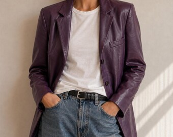 Vintage 90s Calvin Klein Collection Leather Blazer Sz S-M Minimalist Luxury Buttery Soft Eggplant Purple Quiet Luxury CBK Style