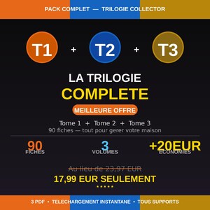 Puede incluir: Gráfico promocional en francés con el texto "LA TRILOGIE COMPLETE" en amarillo. Incluye el texto "MEILLEURE OFFRE" y detalles del producto, como "90 FICHES" y "3 VOLUMES". Fondo oscuro.