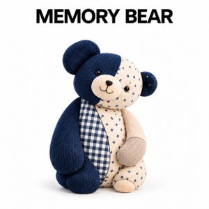 May include: A stuffed bear toy labeled MEMORY BEAR, featuring a patchwork design of navy blue corduroy, blue and white gingham check, and cream fabric with small blue floral patterns, black button eyes, and a stitched nose.
