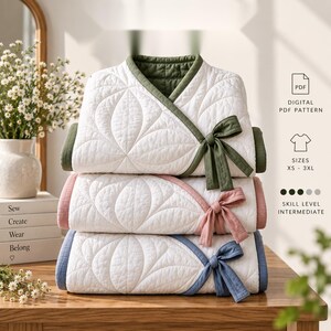 May include: Three quilted wrap jackets stacked vertically, each featuring a white base with a petal-like stitched pattern. The top jacket has olive green trim and ties, the middle has dusty pink, and the bottom has blue. Text includes PDF, SIZES XS-3XL.
