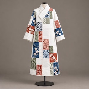May include: A long, quilted white coat featuring a patchwork design of rectangular panels. The panels display various patterns including blue and red floral motifs, green geometric lines, and blue wave designs on a white quilted base.