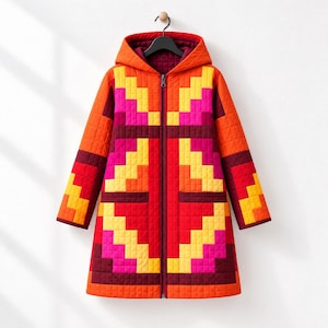 May include: A long-sleeved, hooded quilted jacket featuring a vibrant geometric pattern in shades of orange, yellow, magenta, and deep red. The garment includes a full-length front zipper, two side pockets, and a structured hood.