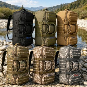 May include: Six tactical backpacks in black, olive green, tan, woodland camouflage, desert camouflage, and digital grey camouflage. Each bag features multiple zippered compartments, side compression straps, and personalised embroidered names.
