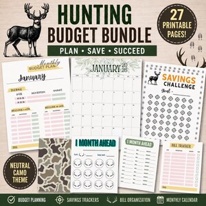 Könnte beinhalten: Eine Sammlung druckbarer Budgetplanungsseiten mit neutralem Camouflage-Thema. Enthält einen monatlichen Budgetplan, Kalender, Spar-Challenge, Rechnungsverfolgung und andere Finanzorganisationstools. Der Text lautet "Hunting Budget Bundle".